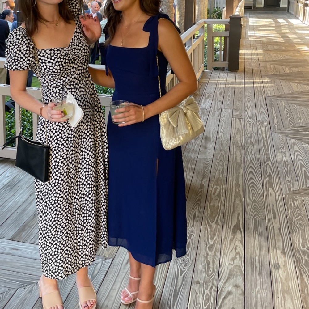Reformation Navy Midi Shoulder Tie Dress
